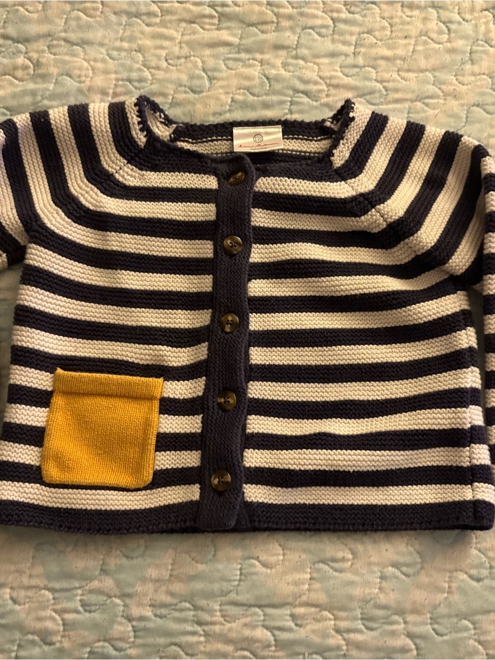 Hanna Andersson Navy & White Striped Cardigan with Yellow Pocket